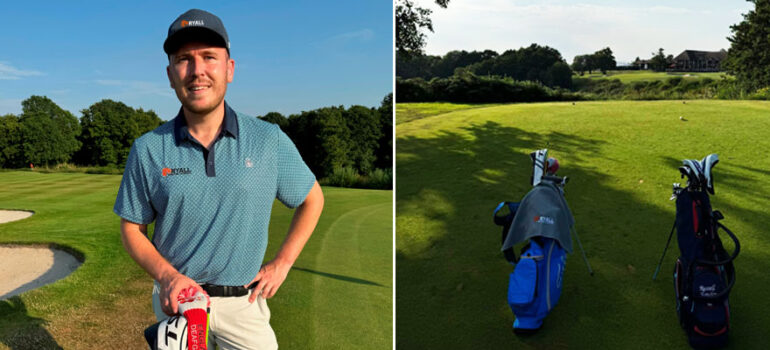 Deaf Golf Champion Jay Stally on the golf course with his RYALL Structural Engineers sponsored sports kit.