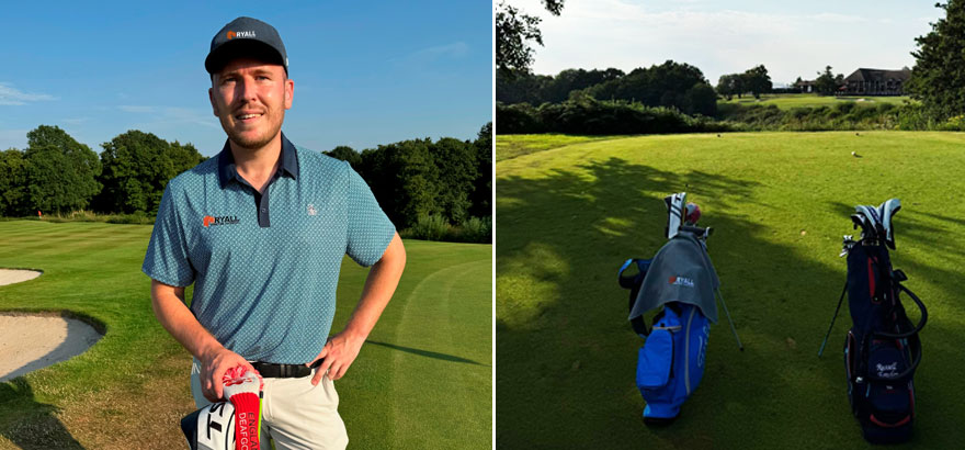 Deaf Golf Champion Jay Stally on the golf course with his RYALL Structural Engineers sponsored sports kit.