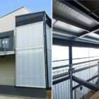 Exterior of modern school block and interior photo featuring transluscent wall cladding letting in natural light.