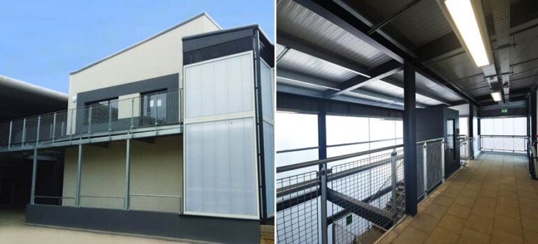 Exterior of modern school block and interior photo featuring transluscent wall cladding letting in natural light.