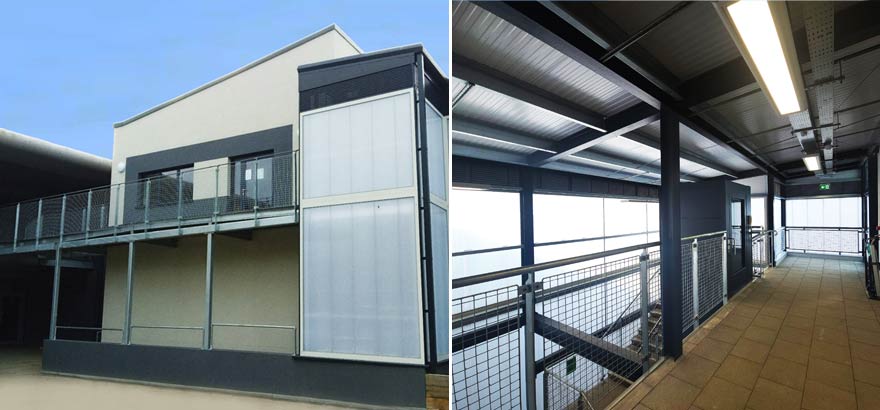 Exterior of modern school block and interior photo featuring transluscent wall cladding letting in natural light.